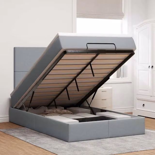 Letto moderno vidaXL con contenitore a sollevamento, materasso a molle e illuminazione sottostante, colori grigio e bianco, L/P/H: 200 x 120 x 128 cm