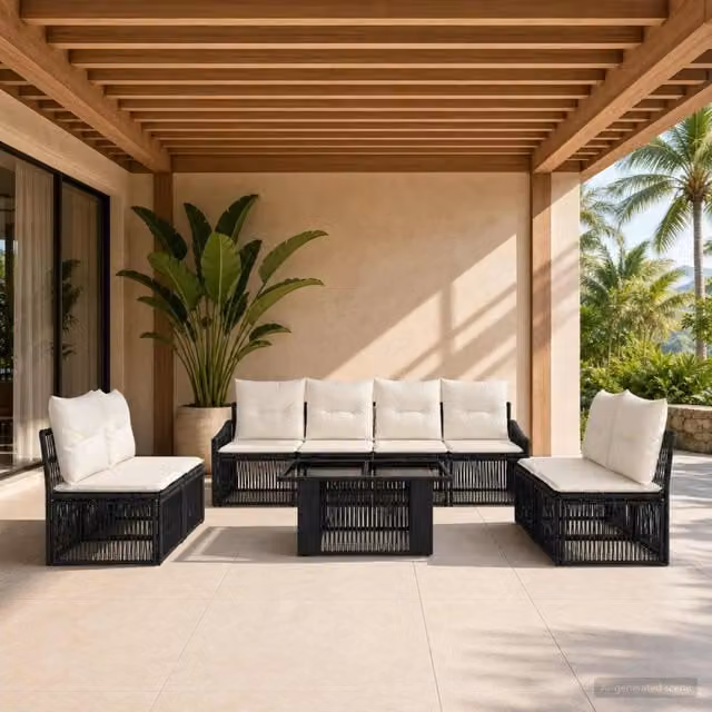Set Divano da Giardino 9 pz Nero e Bianco Crema polyrattan 3437236
