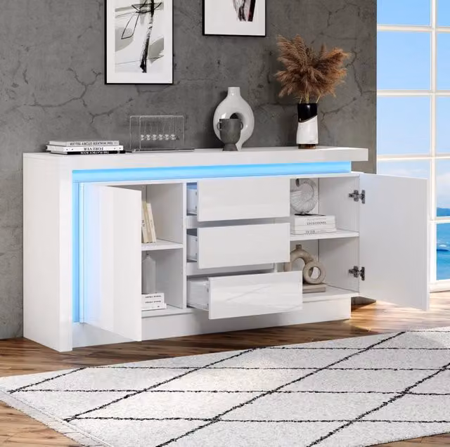 Sideboard bianco lucido 140x35x72 cm con 2 ante, 3 cassetti e LED, ripiani regolabili per soggiorno e camera