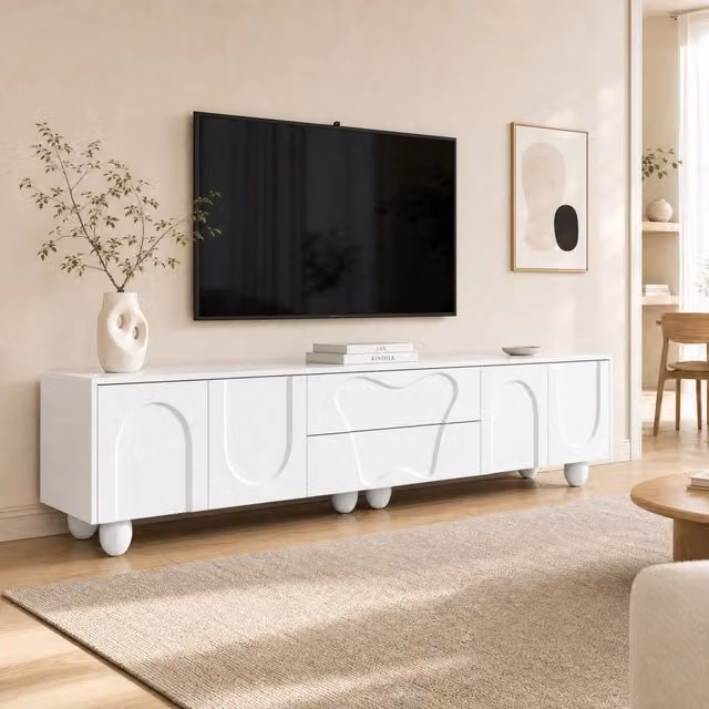 Mobile TV REDOM Bianco in stile Scandinavo con gambe in legno massello L/P/H: 180 x 40 x 42 cm