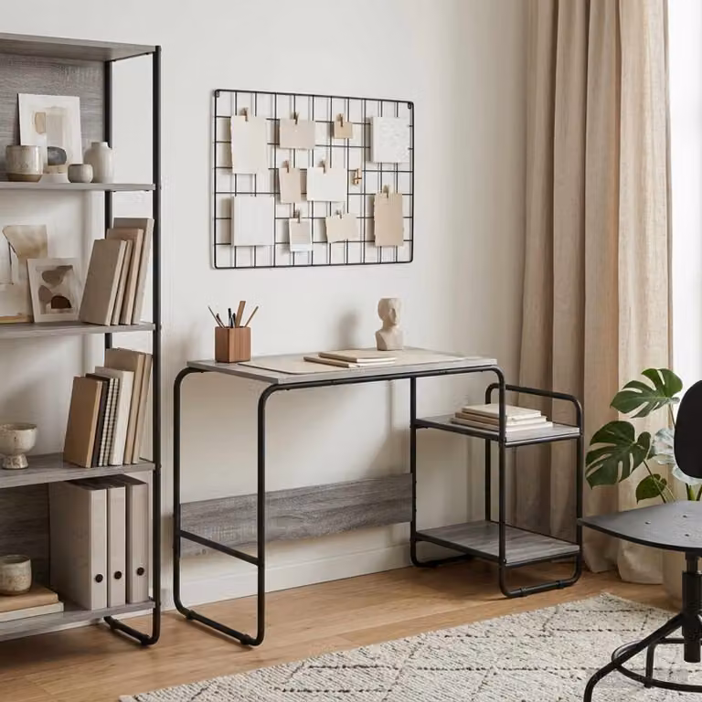Scrivania moderna vidaXL con spazio di archiviazione, colore grigio, L: 131,5 cm, P: 60 cm, H: 75,5 cm