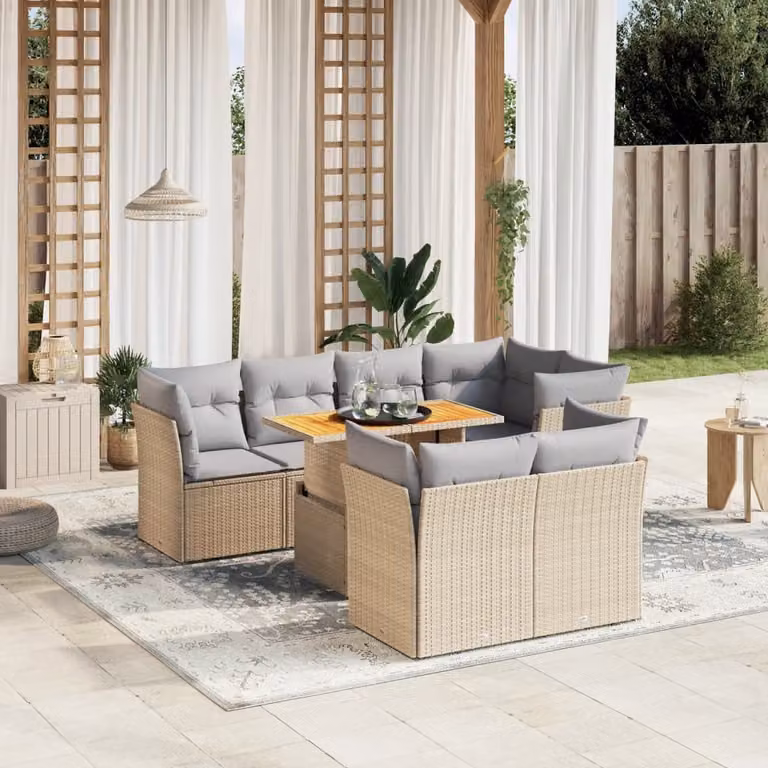 vidaXL Set Divano da Giardino 8 pz a L con Cuscini Beige e Grigio in Polyrattan e Legno di Acacia