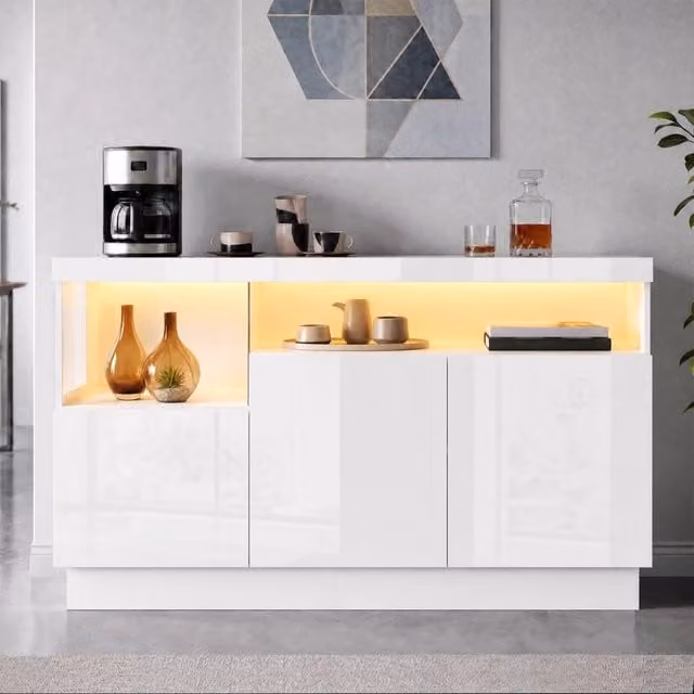 Credenza LED con 3 ante e vano espositivo in acrilico, finitura lucida bianca, per soggiorno, 140 × 36 × 80 cm
