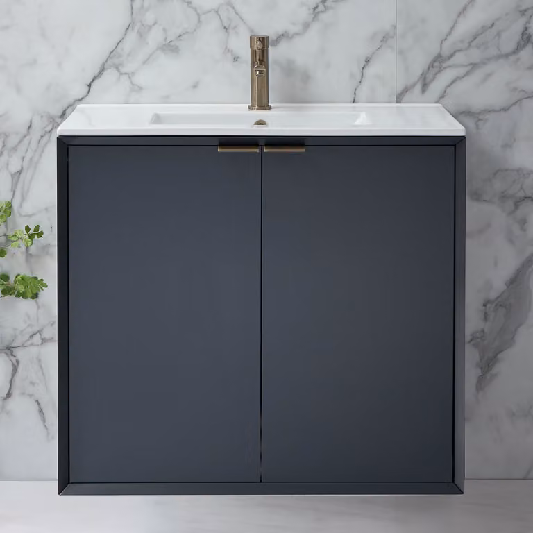 Mobile Bagno Sospeso Antracite 800mm con Lavabo e Maniglie Ottone Spazzolato con Impugnatura a Dito - Edge