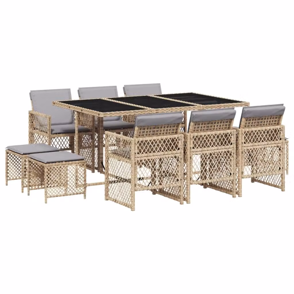Set da Pranzo da Giardino 11 pz con Cuscini Beige in Polyrattan