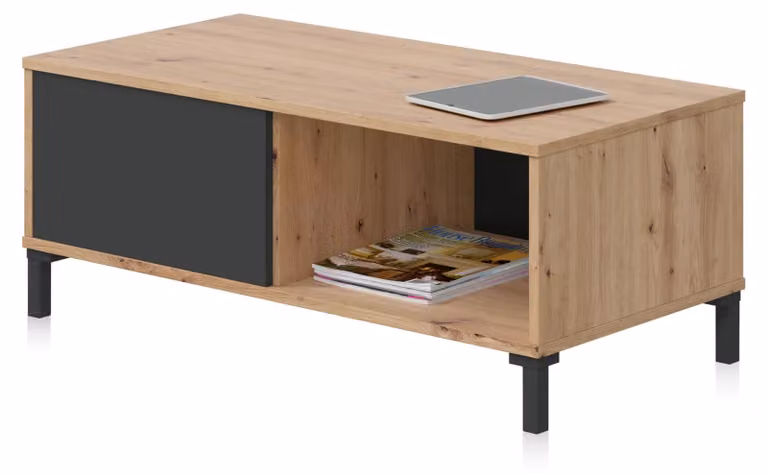 Tavolino da caffè moderno con 2 vani contenitori, finitura effetto legno di quercia