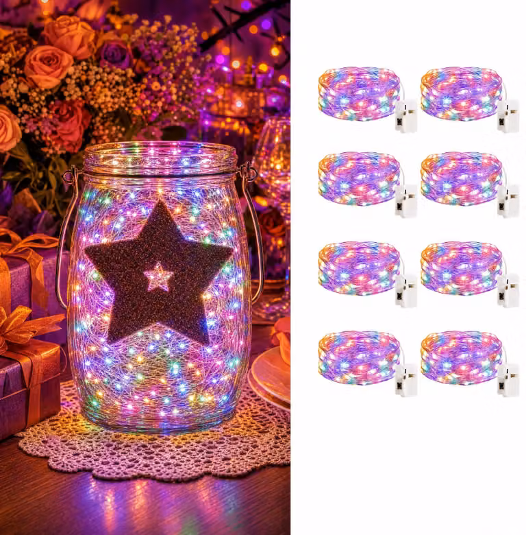 Mini catena luminosa, set da 8, 2 metri, 20 LED, alimentata a batteria, multicolore