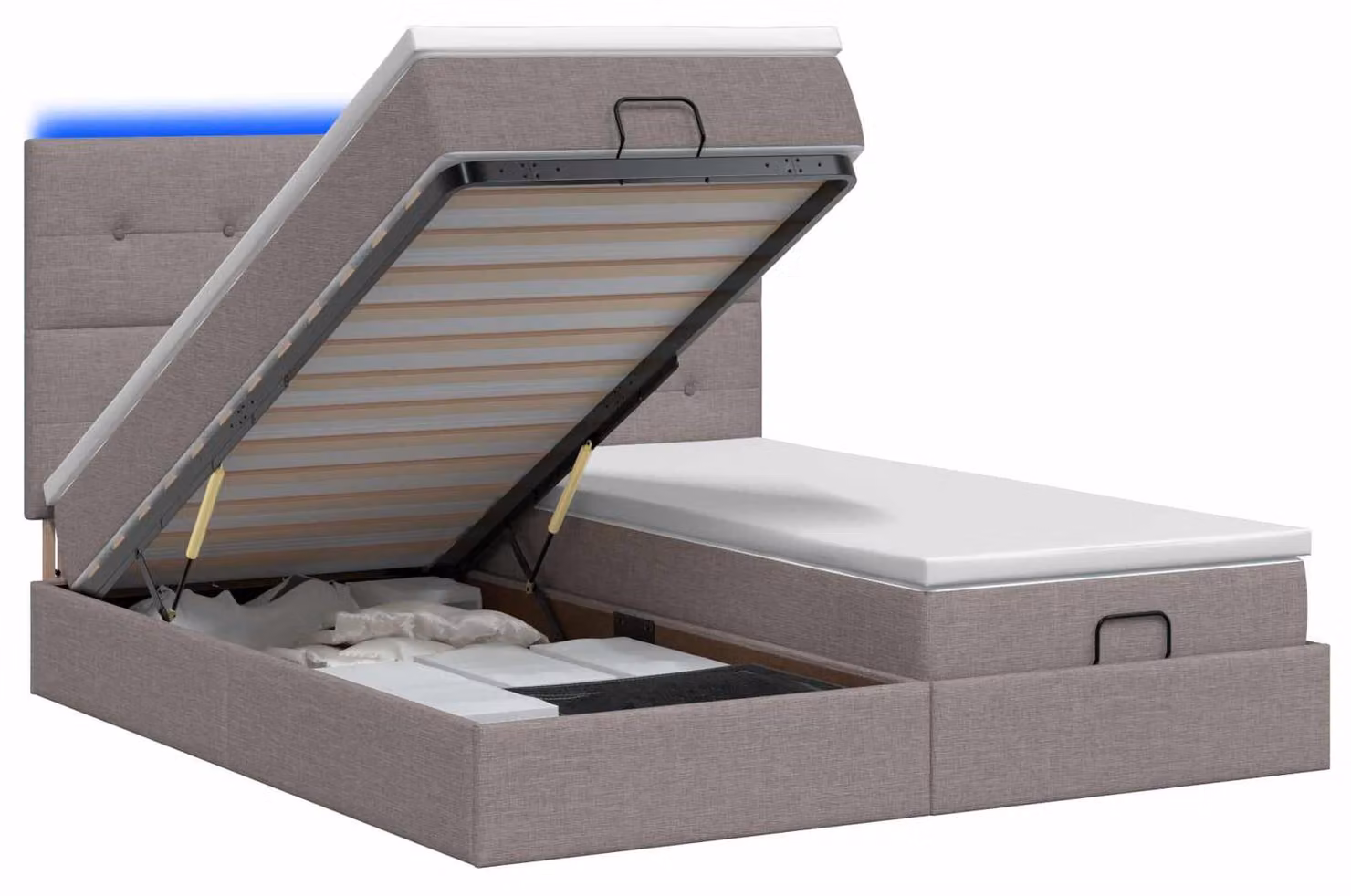 Pouf contenitore con materasso e illuminazione LED, colore taupe, dimensioni 200 x 200 cm, rivestito in tessuto