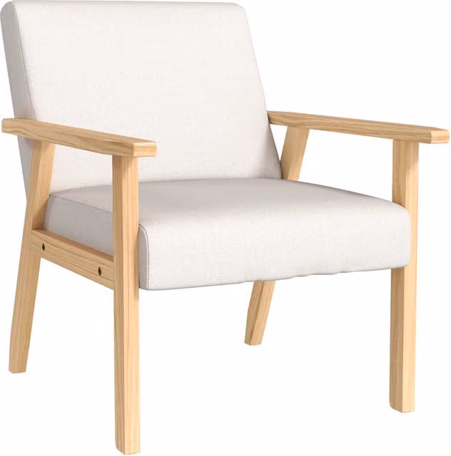 Poltrona Minimal in tessuto beige con braccioli e struttura in legno di pino L: 64 cm, P: 70 cm, H: 72 cm