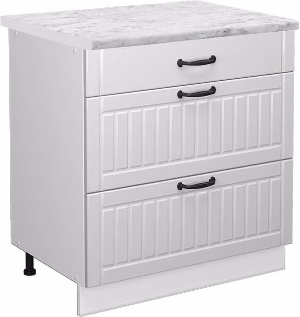 Mobiletto base per cucina Fame-Line Bianco rustico/Bianco 80 cm con 3 cassetti, PL Marmo Vicco