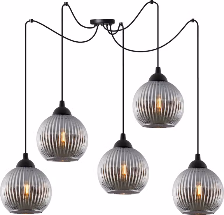 Lampada a sospensione RIFFLE spider nero 5 luci globo di vetro grigio E27