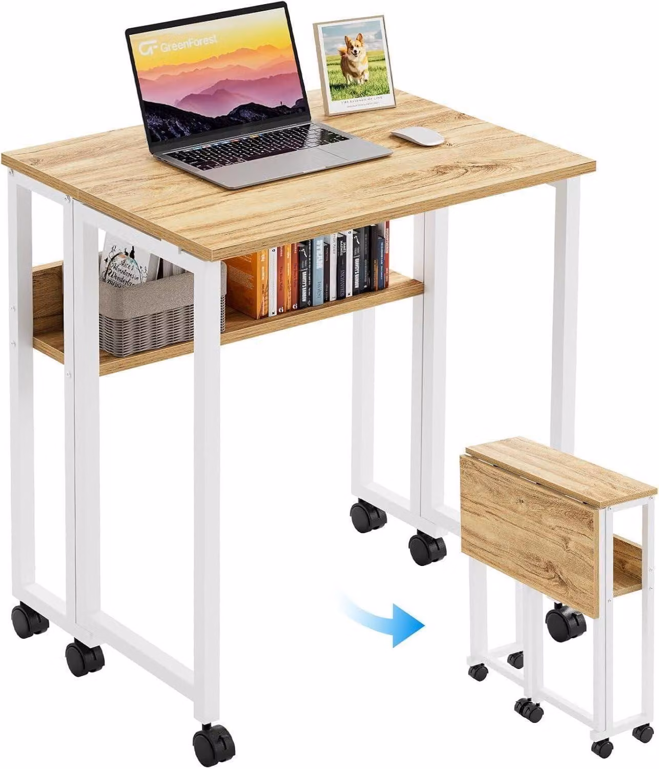 Piccola scrivania pieghevole con rotelle e spazio di archiviazione, beige