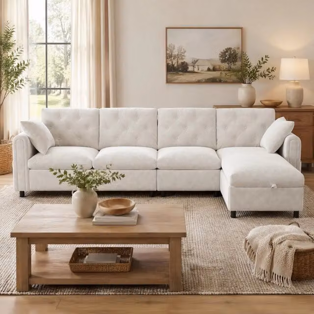 Divano letto angolare a L con contenitore; configurazione reversibile; beige; 281 × 132 × 86 cm