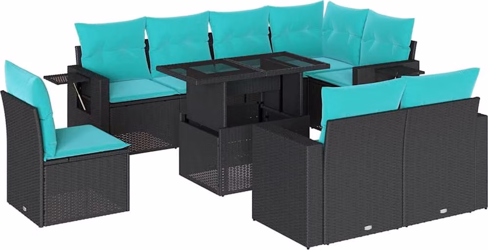 set di divani da giardino da 9 pezzi con cuscini, in polyrattan nero