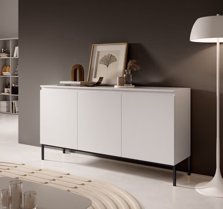 Credenza Selsey Bemmi - Credenza a 3 ante, bianca con gambe nere, 150 cm