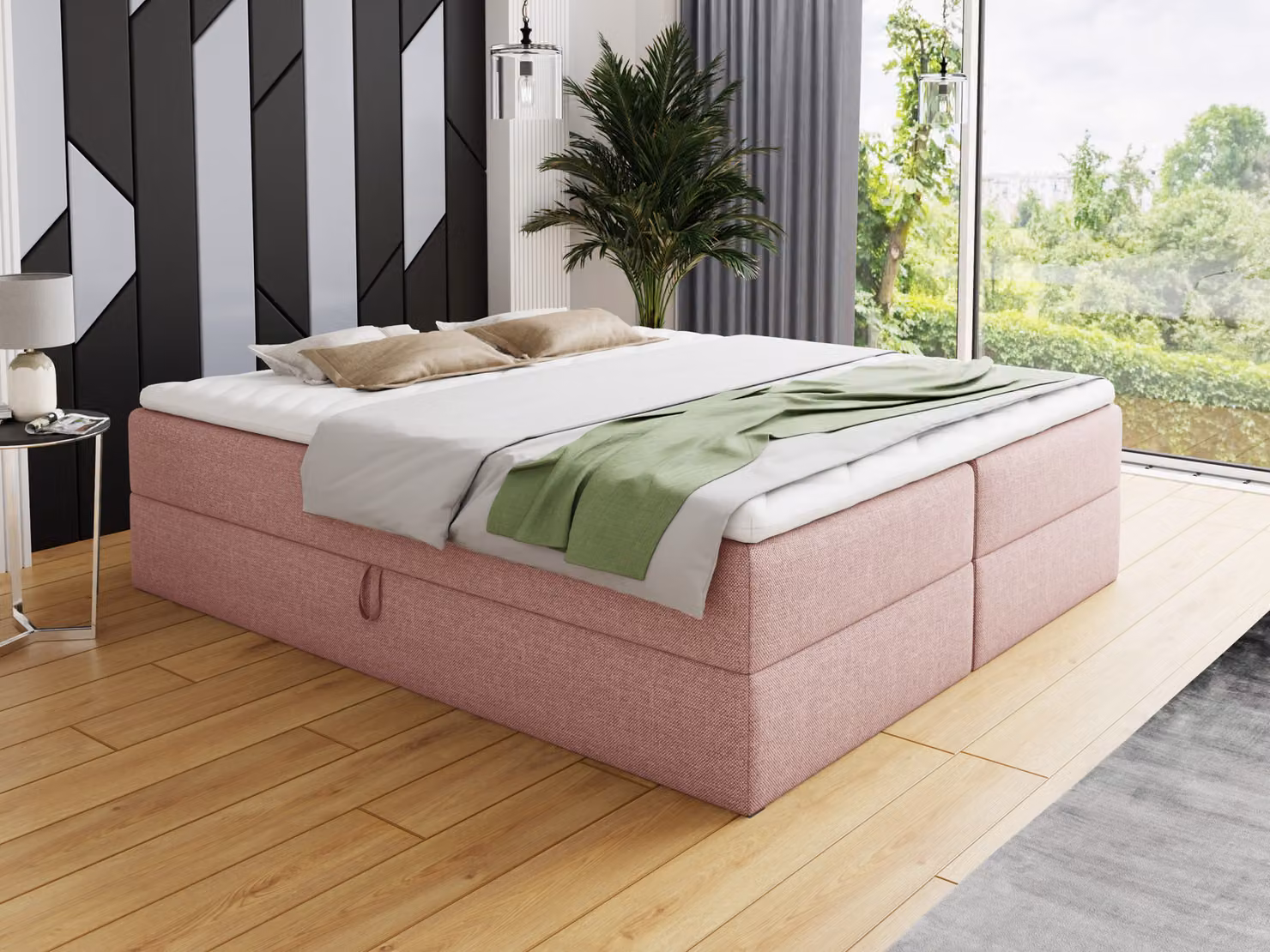 Letto boxspring Base con 2 cassetti - Letto matrimoniale con materasso Bonell e topper, letto imbottito, letto indipendente (rosa (Inari 52), 180 x 200 cm)