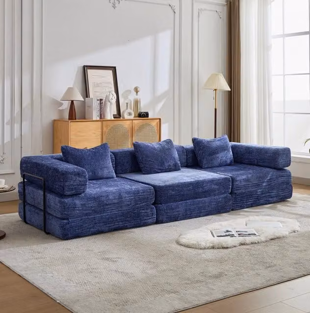 Divano Letto Pieghevole Modulare in Chenille; Blu Scuro; Senza Montaggio per Soggiorno e Camera