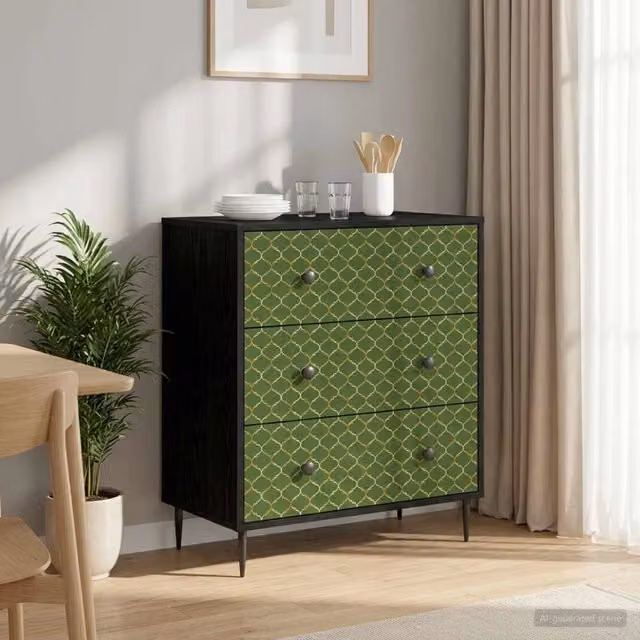 Cassettiera GELEEN vidaXL con stampa geometrica verde e nera, L: 66 cm, P: 36,5 cm, H: 76 cm