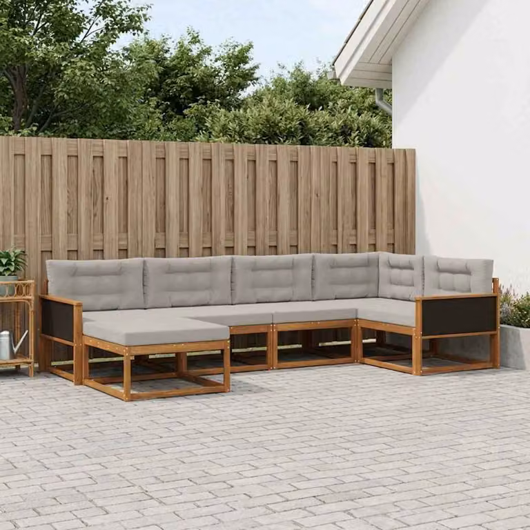 Set di divani da esterno vidaXL a forma di L composto da 6 pezzi in legno di acacia con cuscini beige e grigi per giardino e terrazza