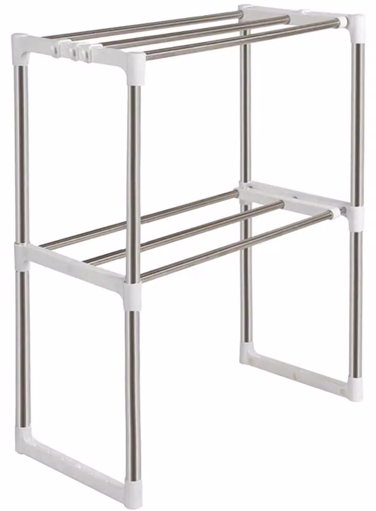 Scaffale da cucina - Scaffale per microonde - 2 ripiani - Estraibile - Larghezza regolabile - Acciaio inossidabile - Bianco