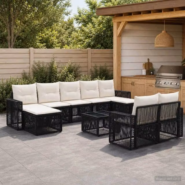 Set Divano da Giardino a Forma di U vidaXL in Polyrattan Nero e Bianco con Cuscini e Tavolino da Caffè