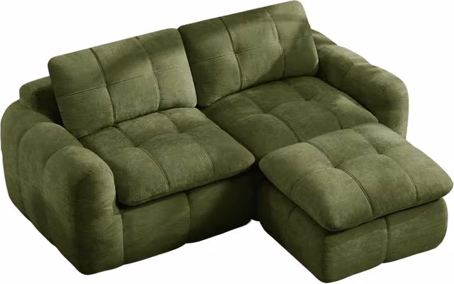 Divano modulare a 2 posti a forma di L senza telaio, rivestimento in chenille verde con ottomana, per soggiorno e appartamenti