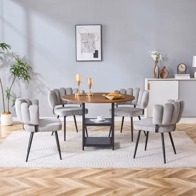 Set tavolo e sedie da pranzo con tavolo rotondo e 4 sedie, ripiani aperti, MDF e metallo noce, nero e grigio