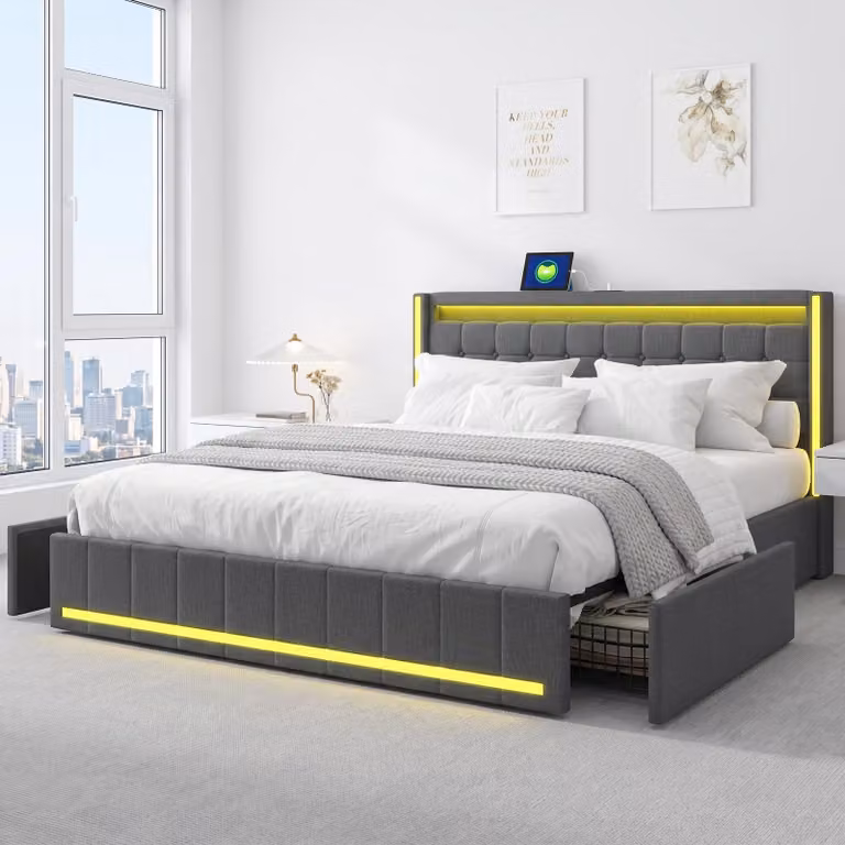 Letto contenitore 140x190 cm, letto con spazio contenitore, 4 cassetti, letto imbottito con LED e porta USB, struttura letto matrimoniale con rete a doghe, letto per ragazzi, colore grigio
