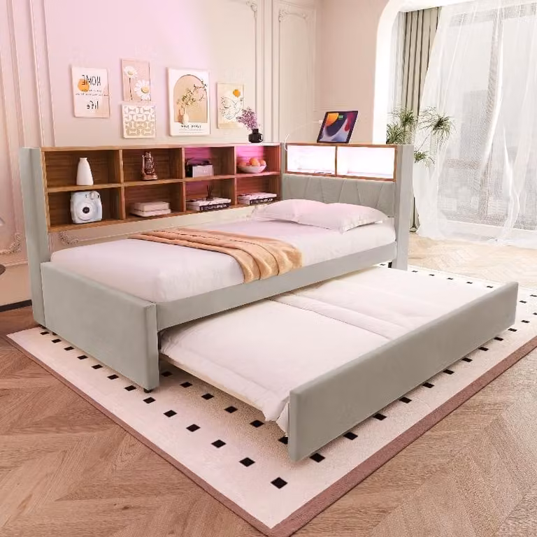 Divano letto 90x200 cm con letto estraibile 90x190 cm, illuminazione a LED, porta USB-C e presa di corrente, rivestito in flanella color grigio chiaro con vani portaoggetti