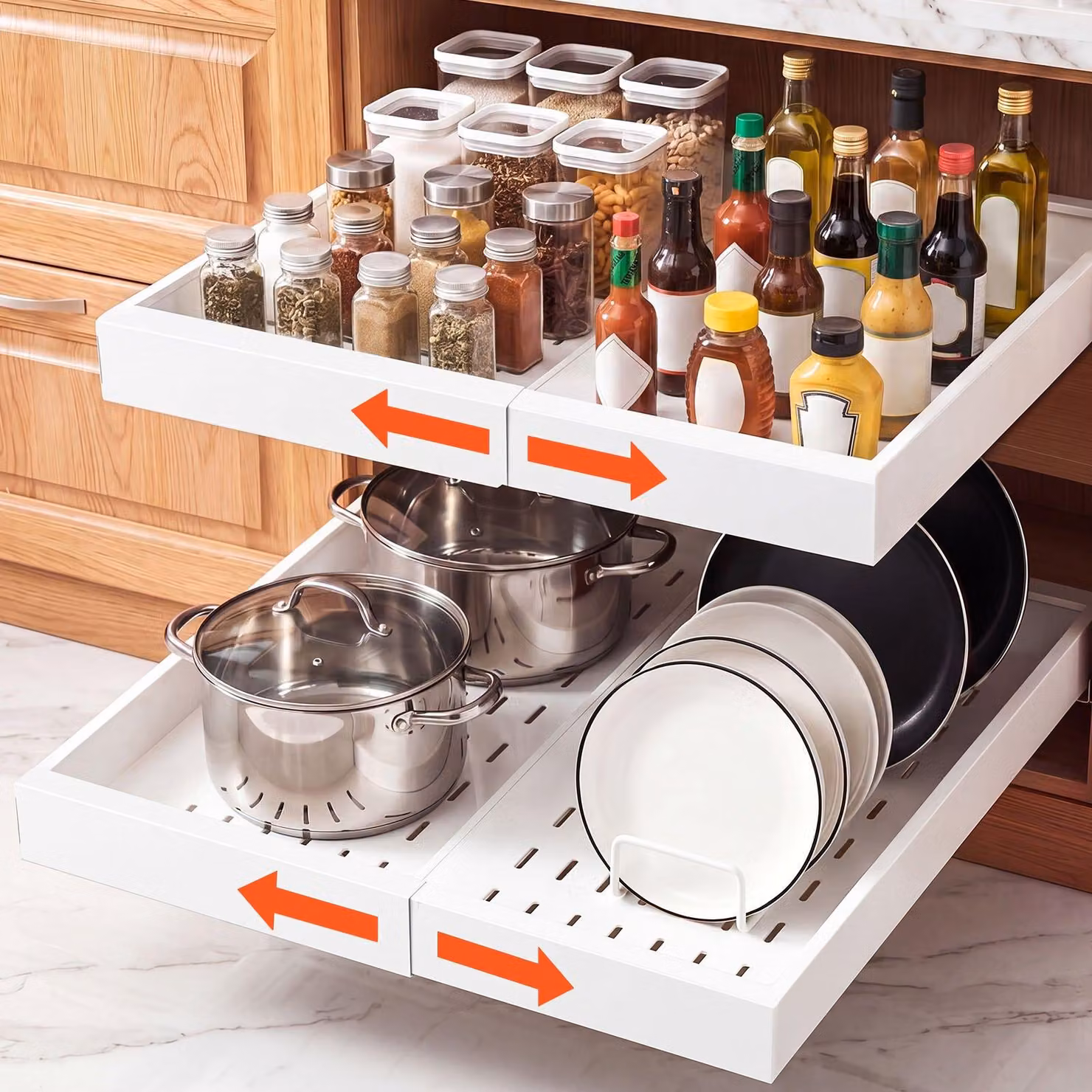Organizzatori estraibili per armadietti da cucina - Set di 2 cassetti telescopici - Larghezza regolabile da 31 a 48 cm - Profondità 52 cm - Con strisce adesive in nanotecnologia - Bianco