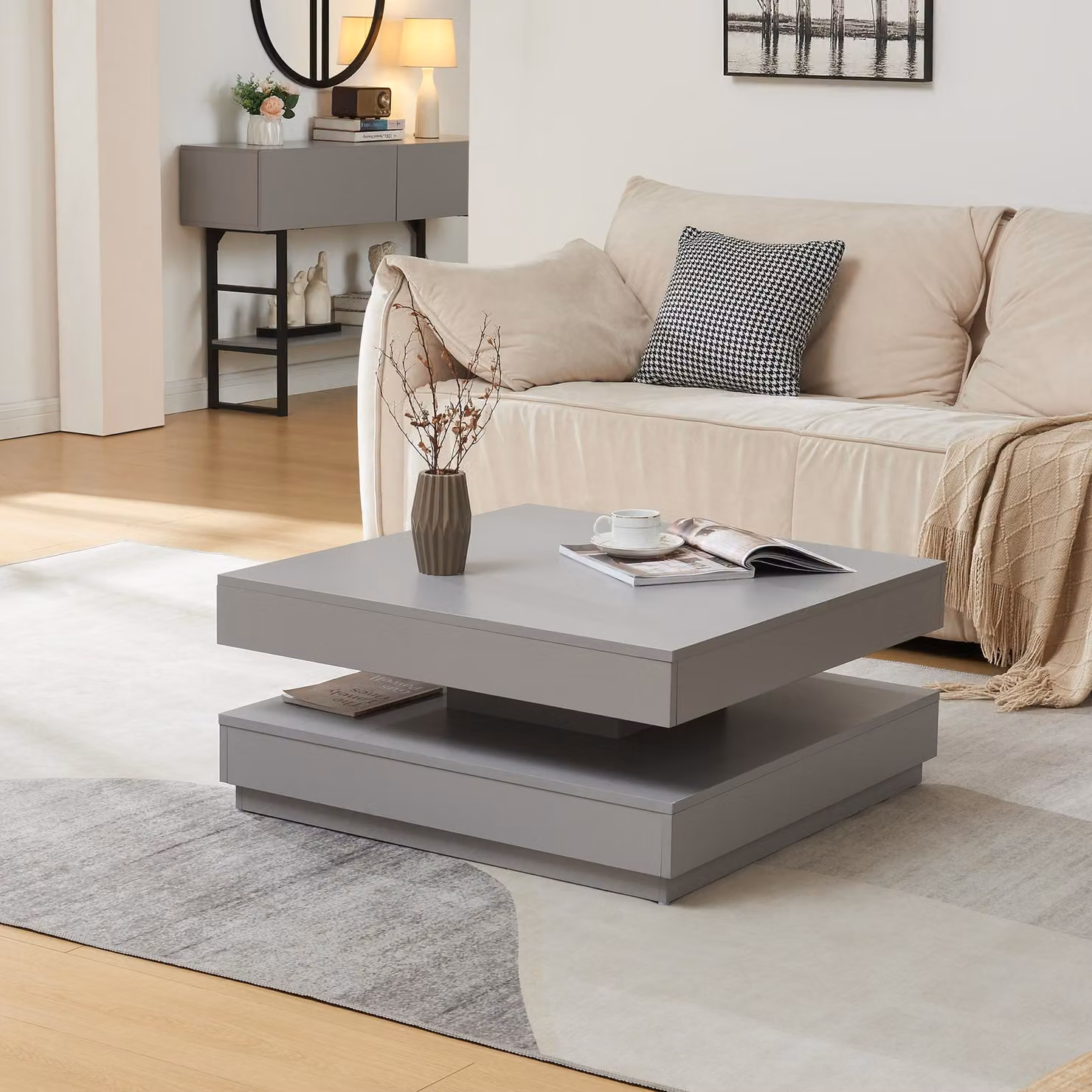 Tavolino 'Florenz' Tavolo da soggiorno quadrato 76 x 76 x 38 cm piano girevole grigio chiaro