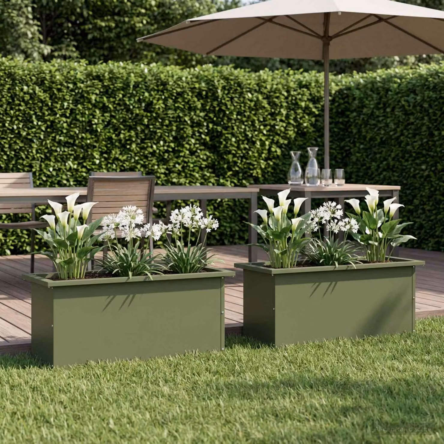 Set di 2 fioriere da giardino con LED vidaXL in acciaio, colore verde oliva, L 80 x P 30 x H 30 cm
