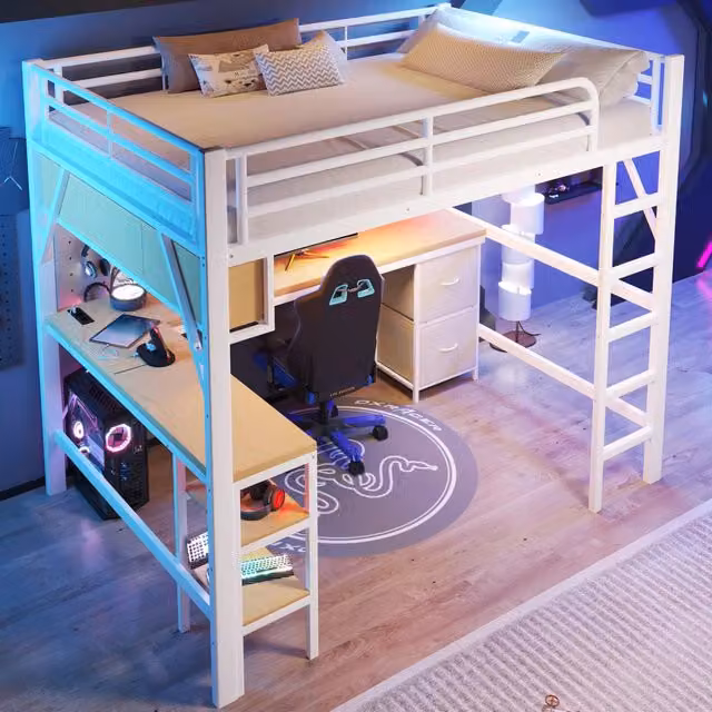 Letto a soppalco 140 × 200 cm 2 posti con scrivania, libreria, armadio, USB e LED, senza materasso, bianco