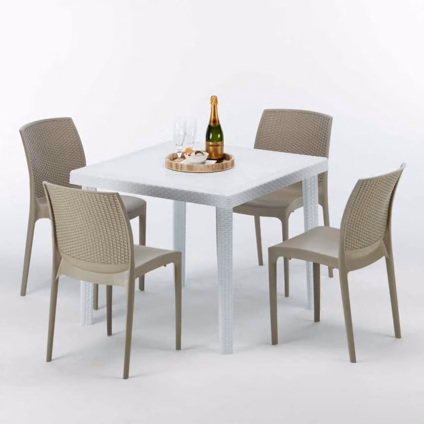Tavolo quadrato bianco e 4 sedie in polipropilene colorato per esterni Grand Soleil Boheme Love - Beige