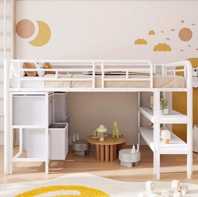 Letto a soppalco basso per bambini 90x200 cm in metallo e MDF bianco con scala e cassetti