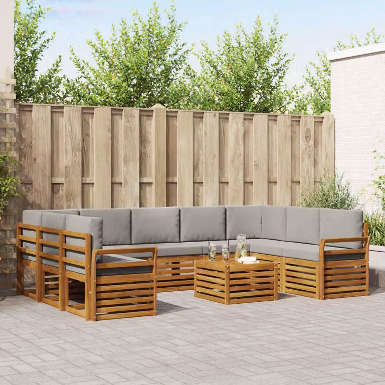 Set di divani da esterno vidaXL in legno di acacia con cuscini, composizione a L con tavolino, beige e grigio
