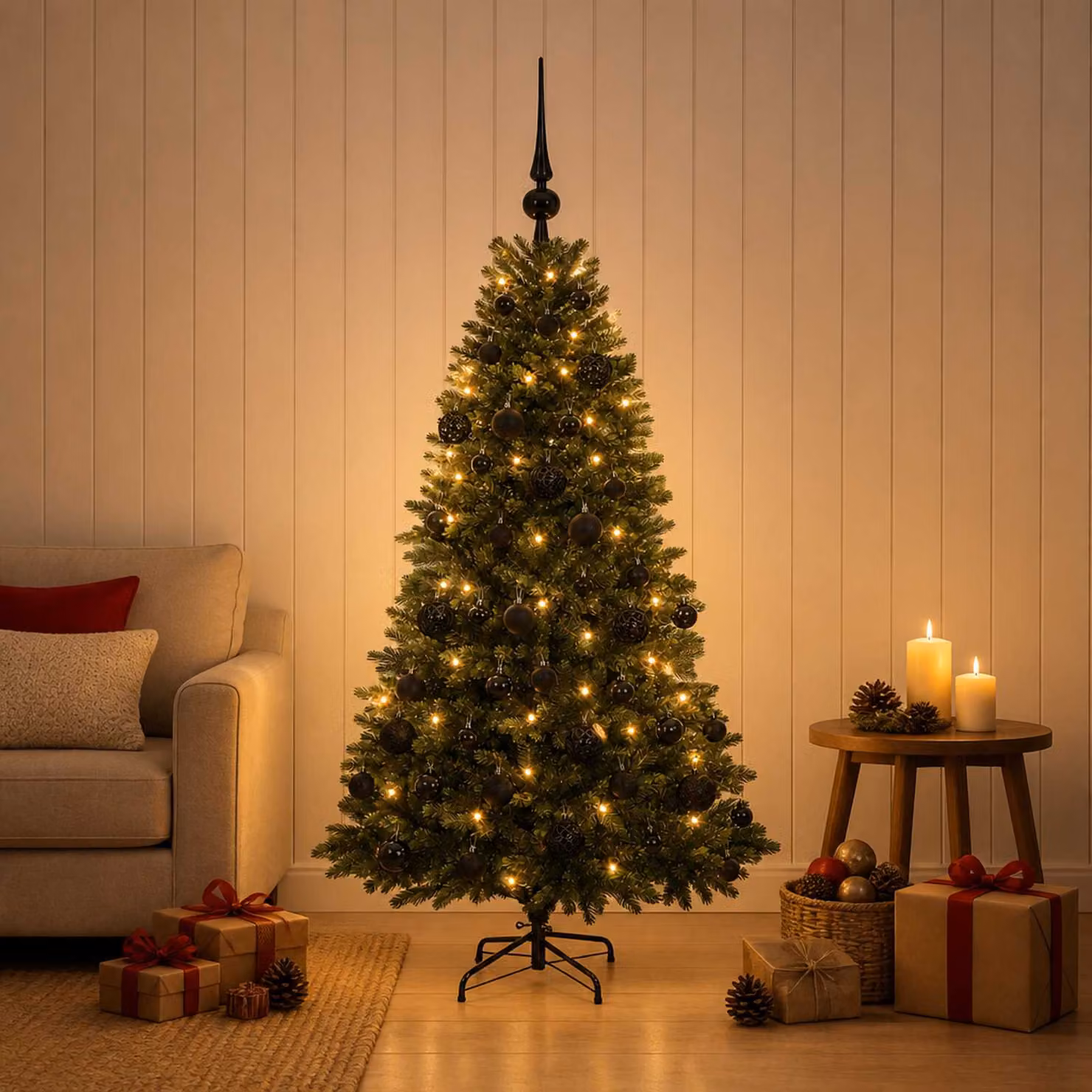 Albero di Natale artificiale verde vidaXL con 150 LED luce bianca calda e decorazioni a cono, Altezza: 150 cm