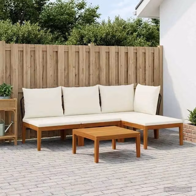 Set da giardino moderno vidaXL in legno di acacia con divano angolare a L, tavolino e pouf, colore beige e bianco