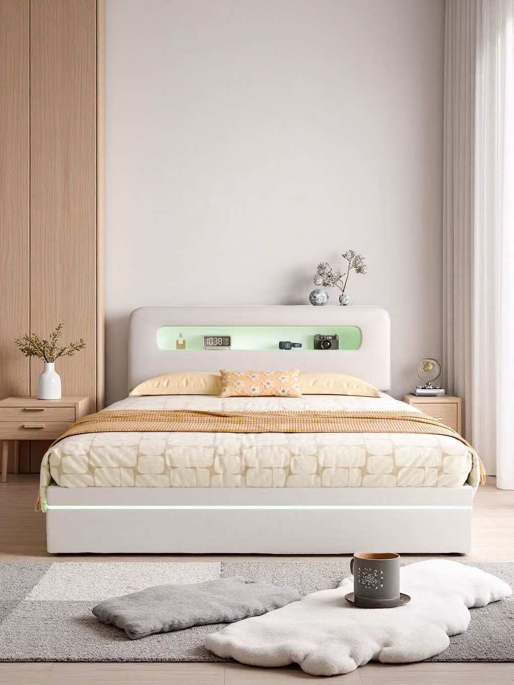 Letto idraulico ProximaX 140x200 cm, illuminazione a LED, contenitore e mensola sulla testata, comodo per dormire, camera da letto, velluto beige
