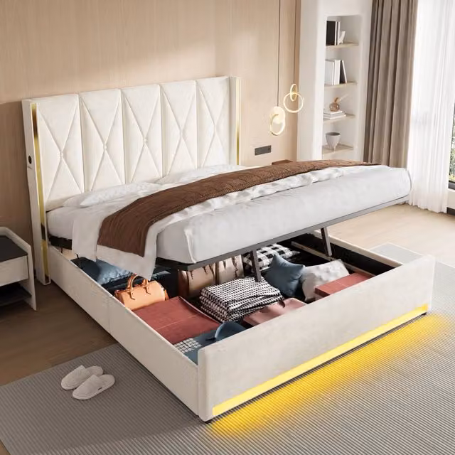 Letto Contenitore Imbottito con LED, USB e Sollevamento Idraulico ¨C MINIMAL ¨C Velluto, 180x200
