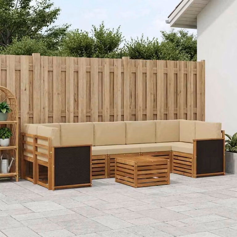 Set di divani da esterno vidaXL a forma di U in legno di acacia con tavolo da caffè, 8 pezzi, marrone e beige
