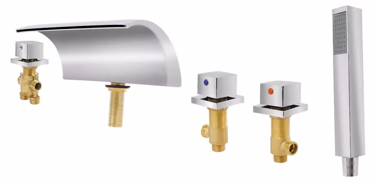 Miscelatore a cascata - Miscelatore per lavabo - Montaggio a incasso - 2 fori - Cartuccia in Vetroceramica - Doccetta manuale - Bocchetta ampia - Argento