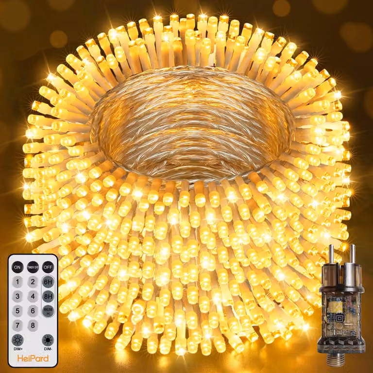 Catena luminosa con 1000 LED, lunghezza 100 metri, luce bianco caldo, con telecomando, 8 modalità, timer