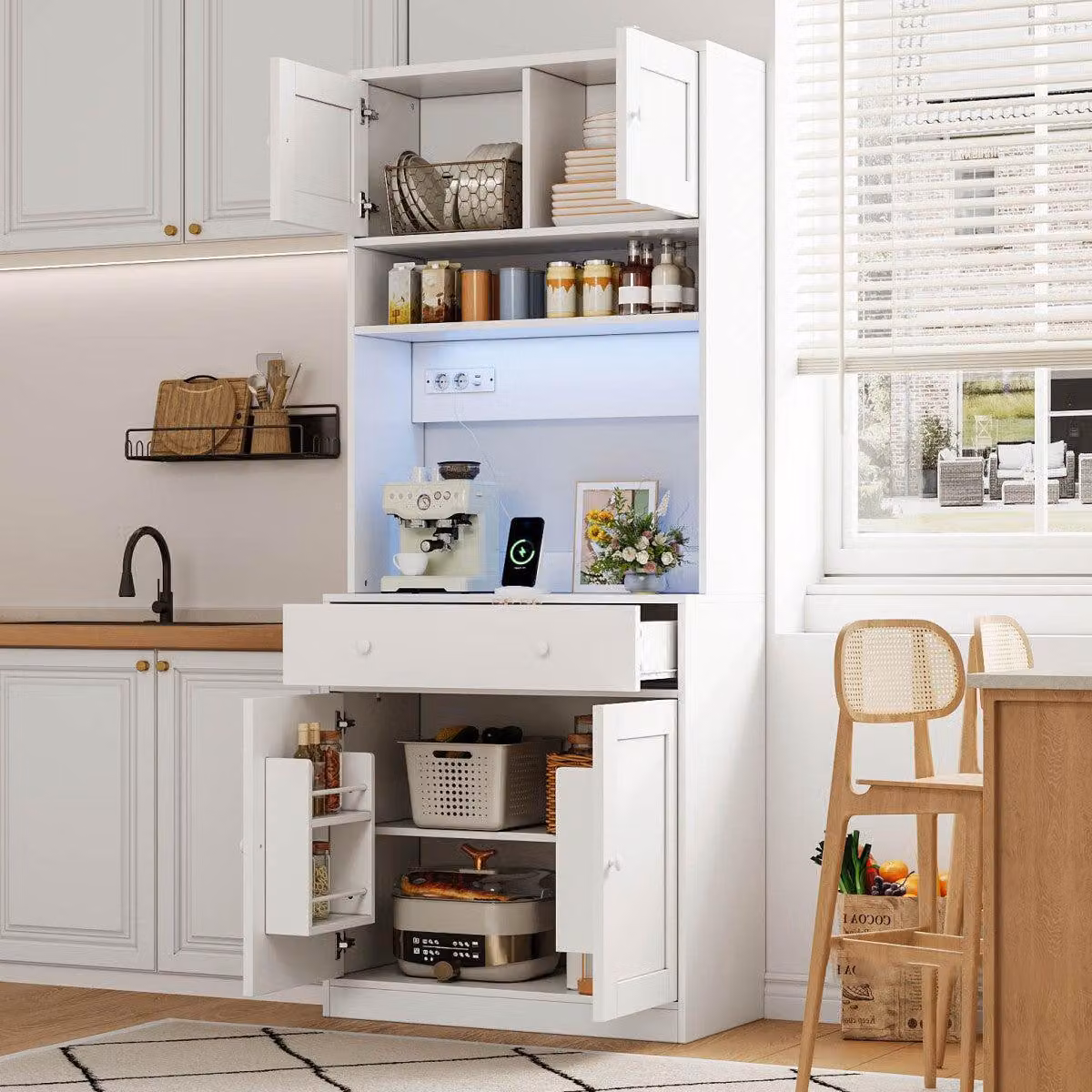 Armadio da cucina alto, 180 cm, con illuminazione a LED e presa di corrente, colore bianco, dimensioni 72x40x180 cm