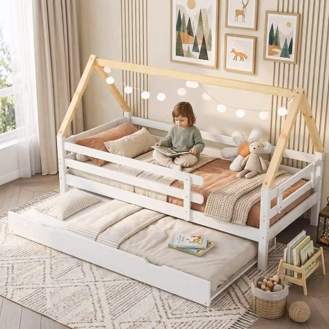 Letto casetta per bambini 90×200 cm con letto estraibile 90×190 cm, senza materasso, in legno bianco e naturale