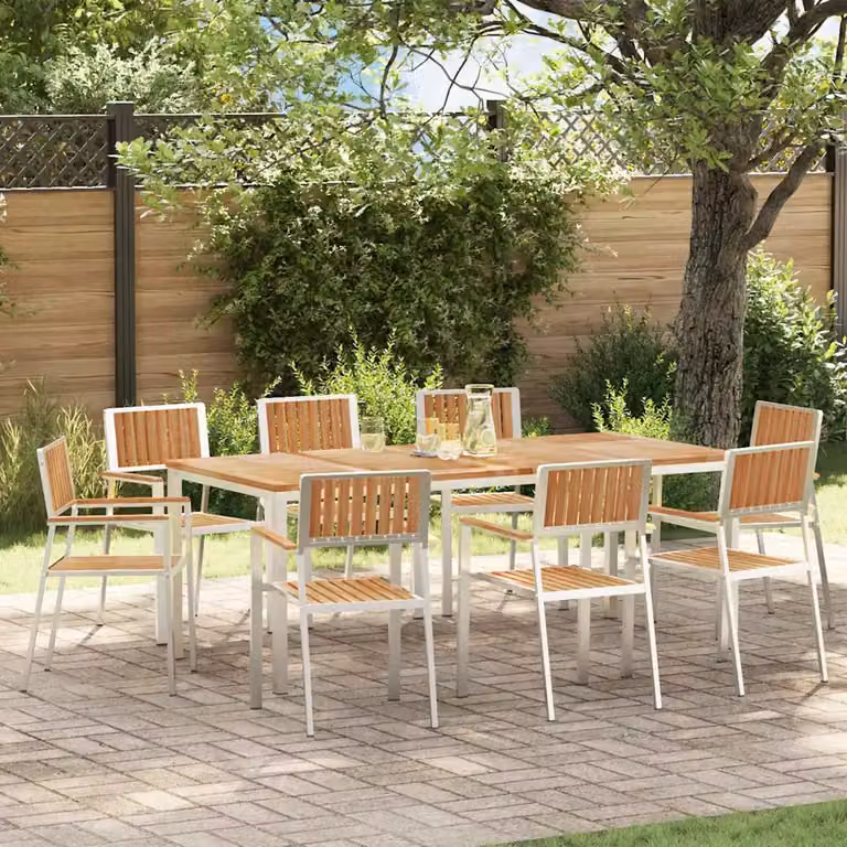 Set da pranzo per esterni vidaXL in legno di teak e acciaio inossidabile, 9 pezzi, marrone e argento, L: 200 cm, P: 90 cm, H: 75 cm