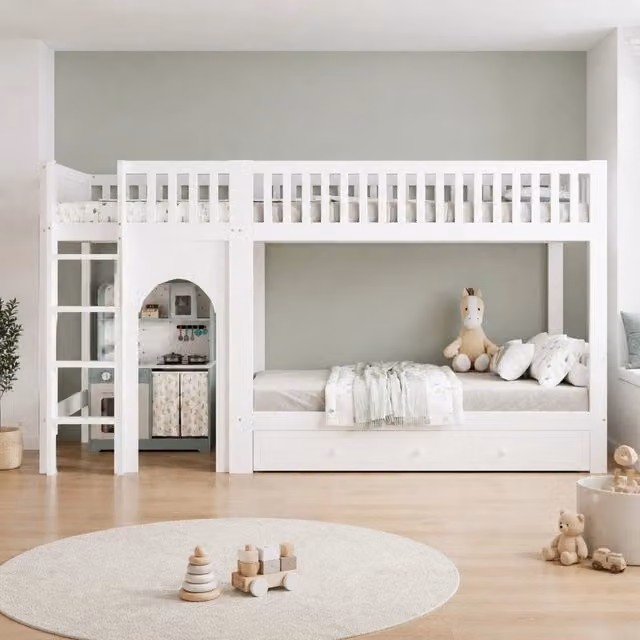 Letto a castello 90x200 cm bianco e naturale, struttura in legno con scala