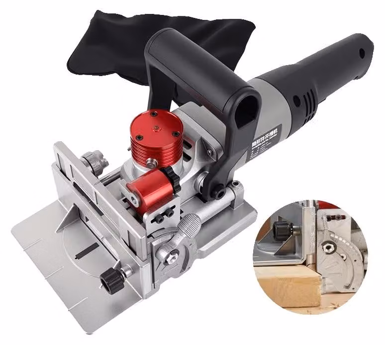 Macchina per incastri a lamella, potenza 1150W, velocità 11600 giri/min, regolazione della profondità da 8 a 18 mm, regolazione dell'angolo a 90°, diametro della lama 100 mm