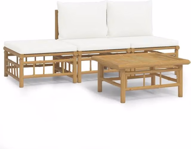 Set Salotto da Giardino 4pz con Cuscini Bianco Crema in Bambù 3155203