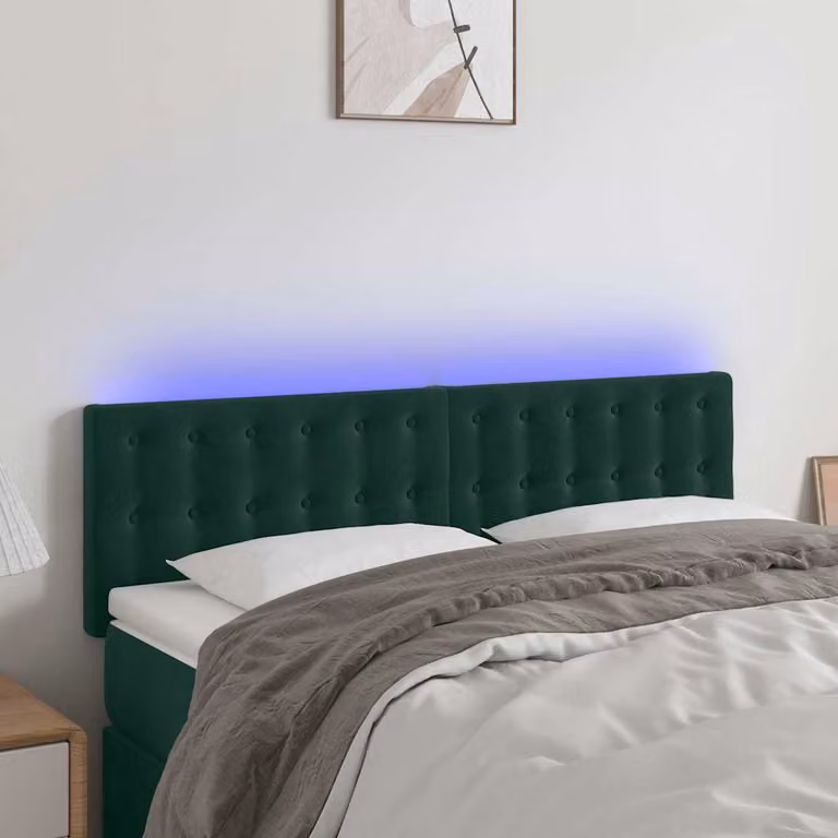 Testiera per letto vidaXL in velluto verde scuro con illuminazione LED integrata e porta di ricarica USB, L 144 x P 5 x H 78/88 cm